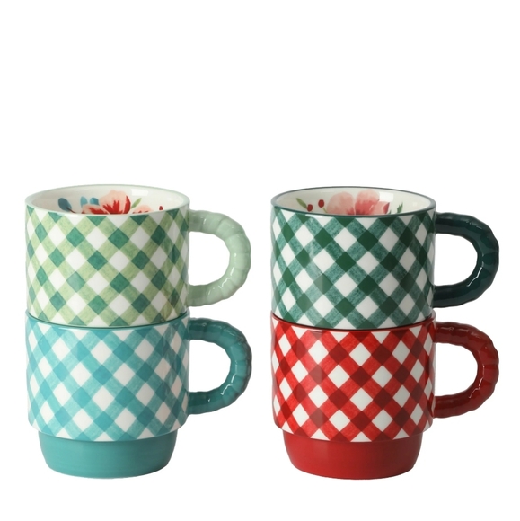 🎁 New Pioneer Woman Merry Meadow Gingham 5-Piece Stacking Mugs with Rack - Picture 11 of 11